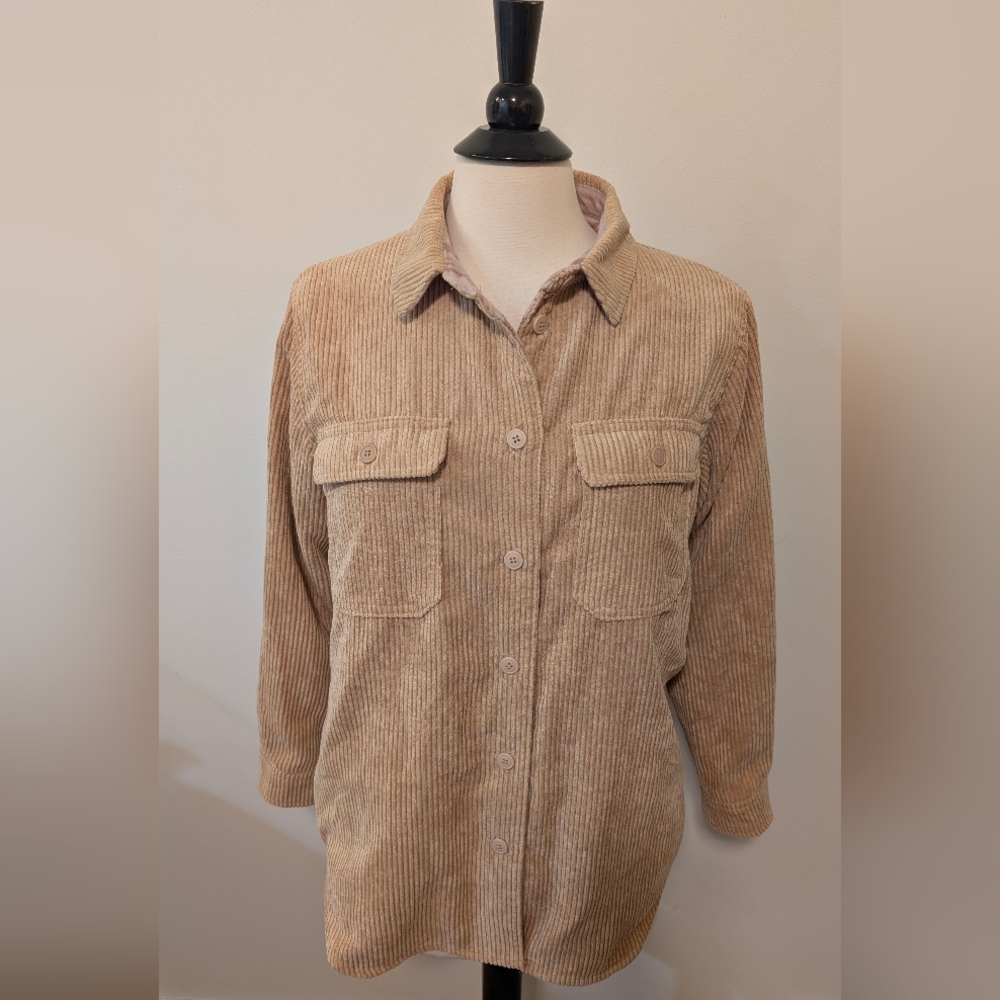 Love Tree Tan Corduroy Pink Plaid Reversible Button-Up  Shirt Shacket Size Small